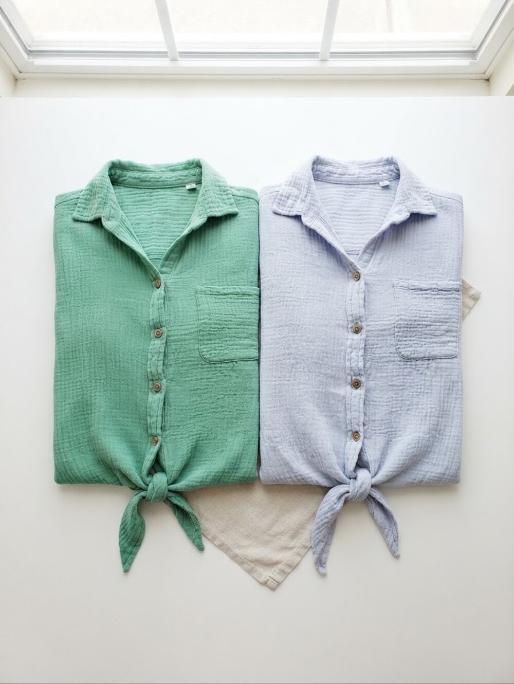 ​2/ Bundle! Crinkle Tie-Front Button Down Shirts (Green & Light Blue
